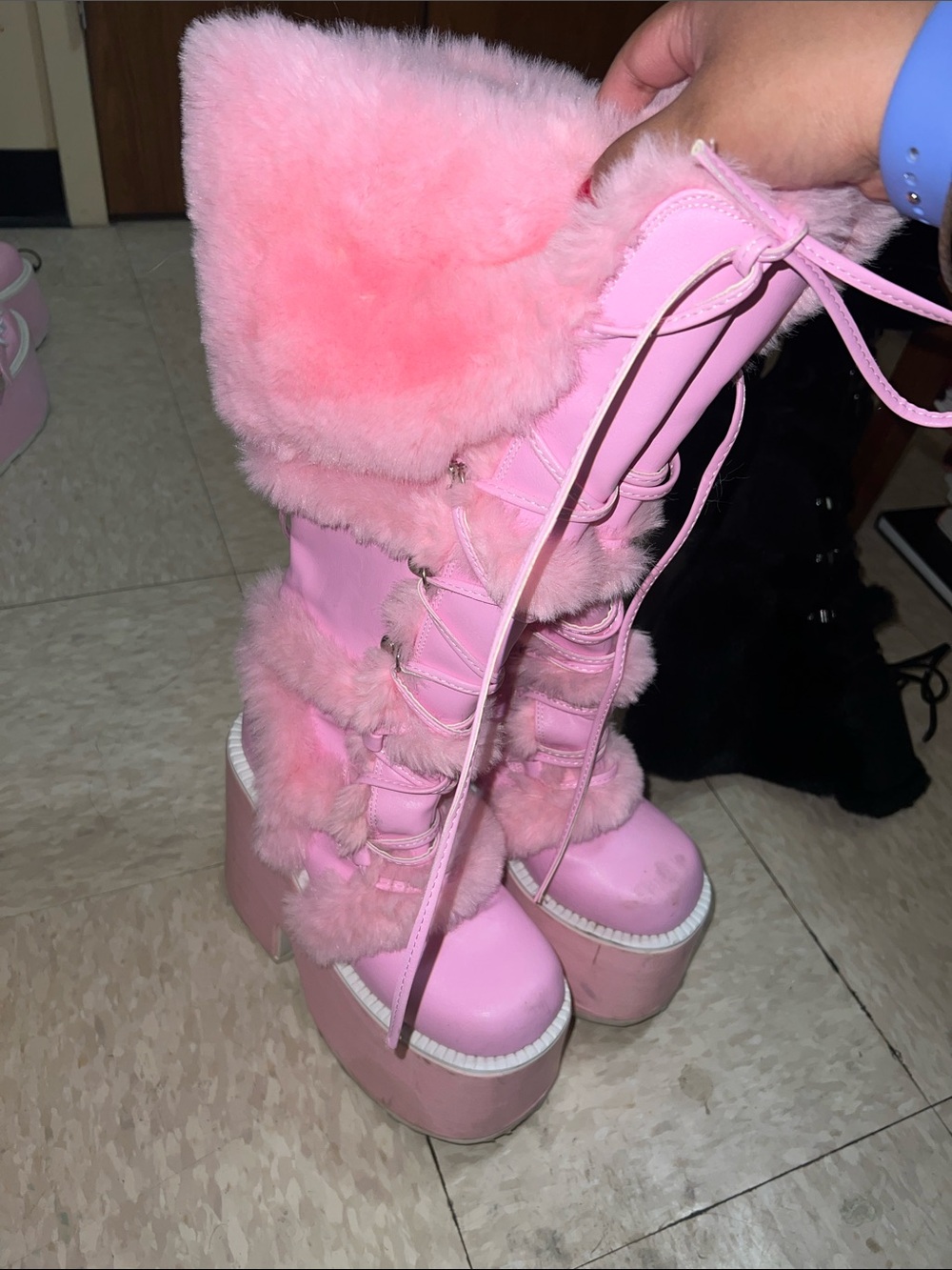 Demonia Pink Faux Fur Platform Lace-Up Boots